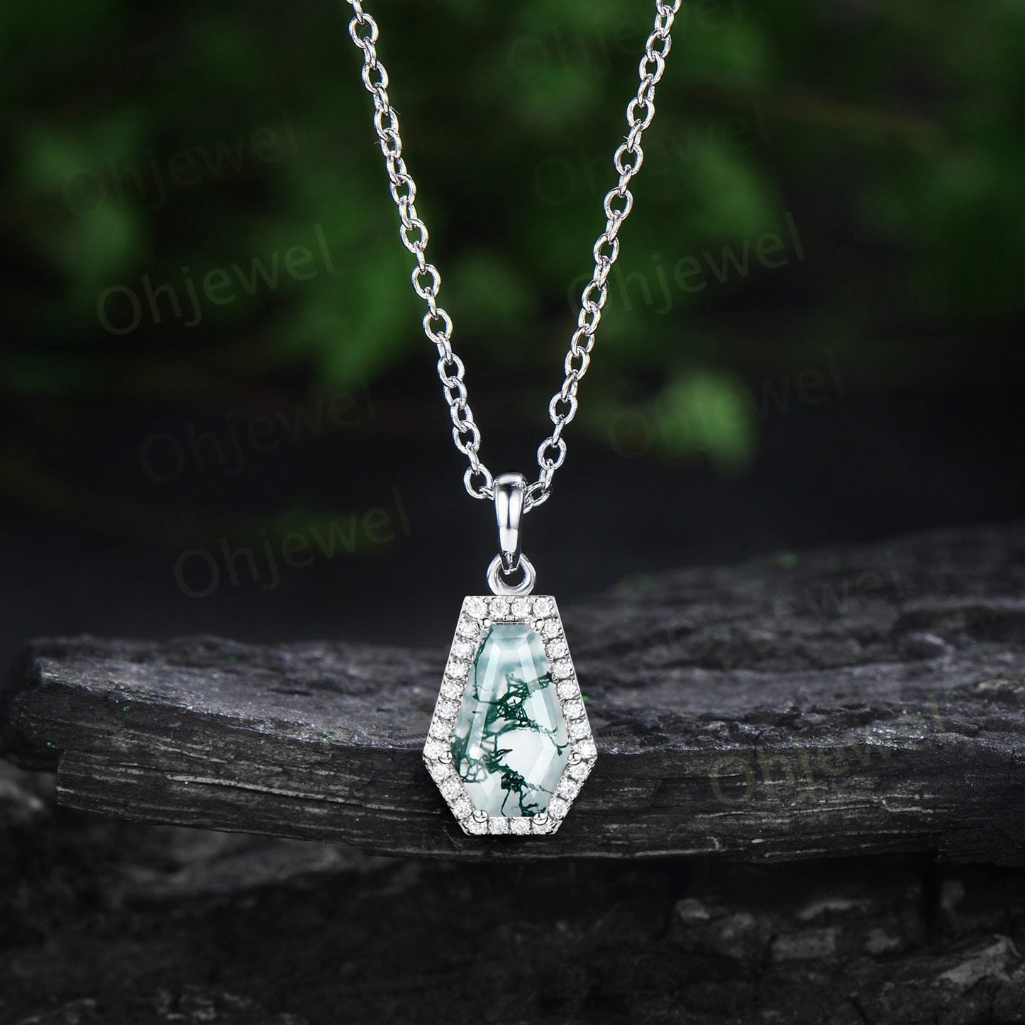 Coffin shaped natural green moss agate necklace vintage solid 14k rose gold dainty 6 prong halo diamond necklace Pendant women gift for her