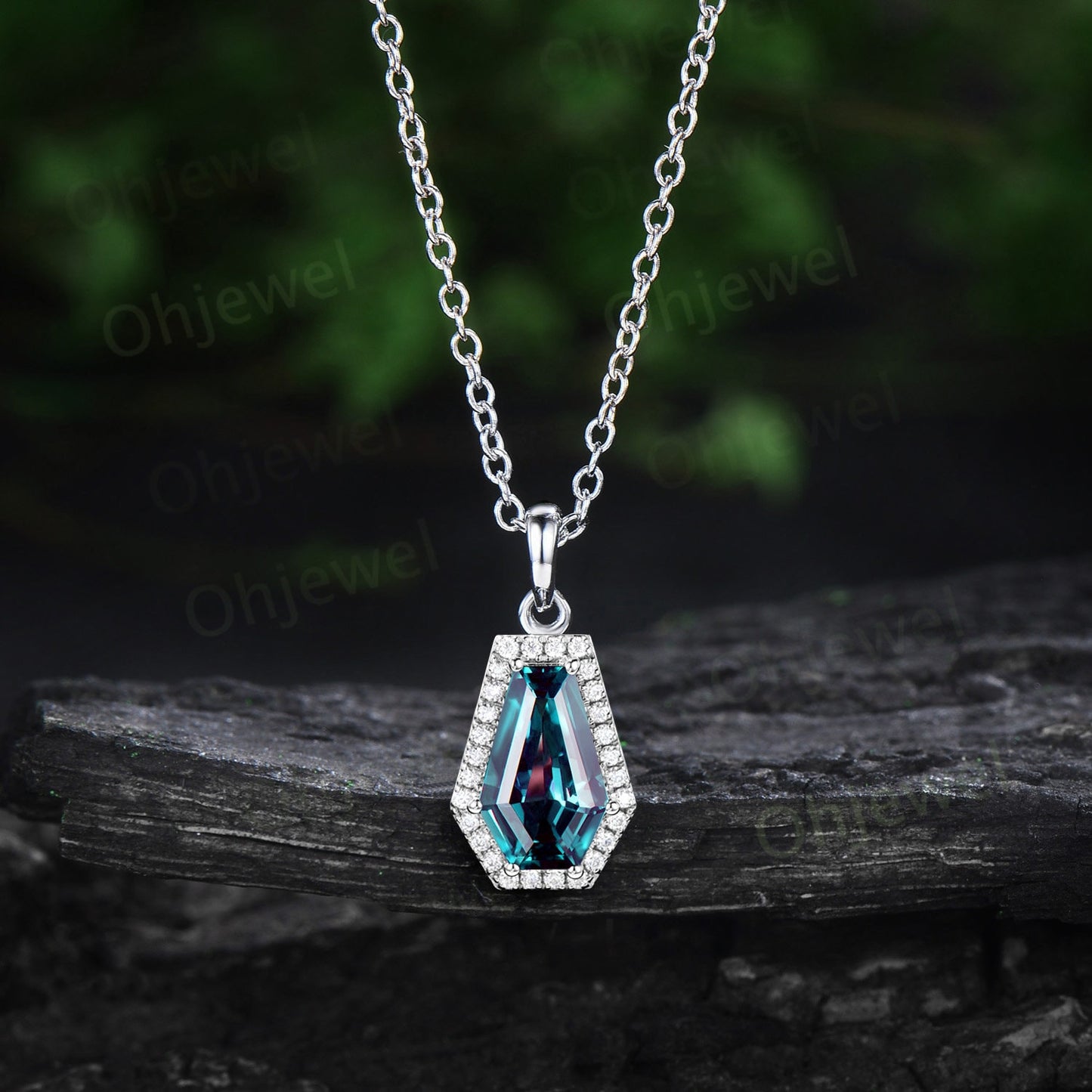 Coffin shaped Alexandrite necklace vintage solid 14k rose gold June birthstone dainty 6 prong halo diamond necklace Pendant women gift her