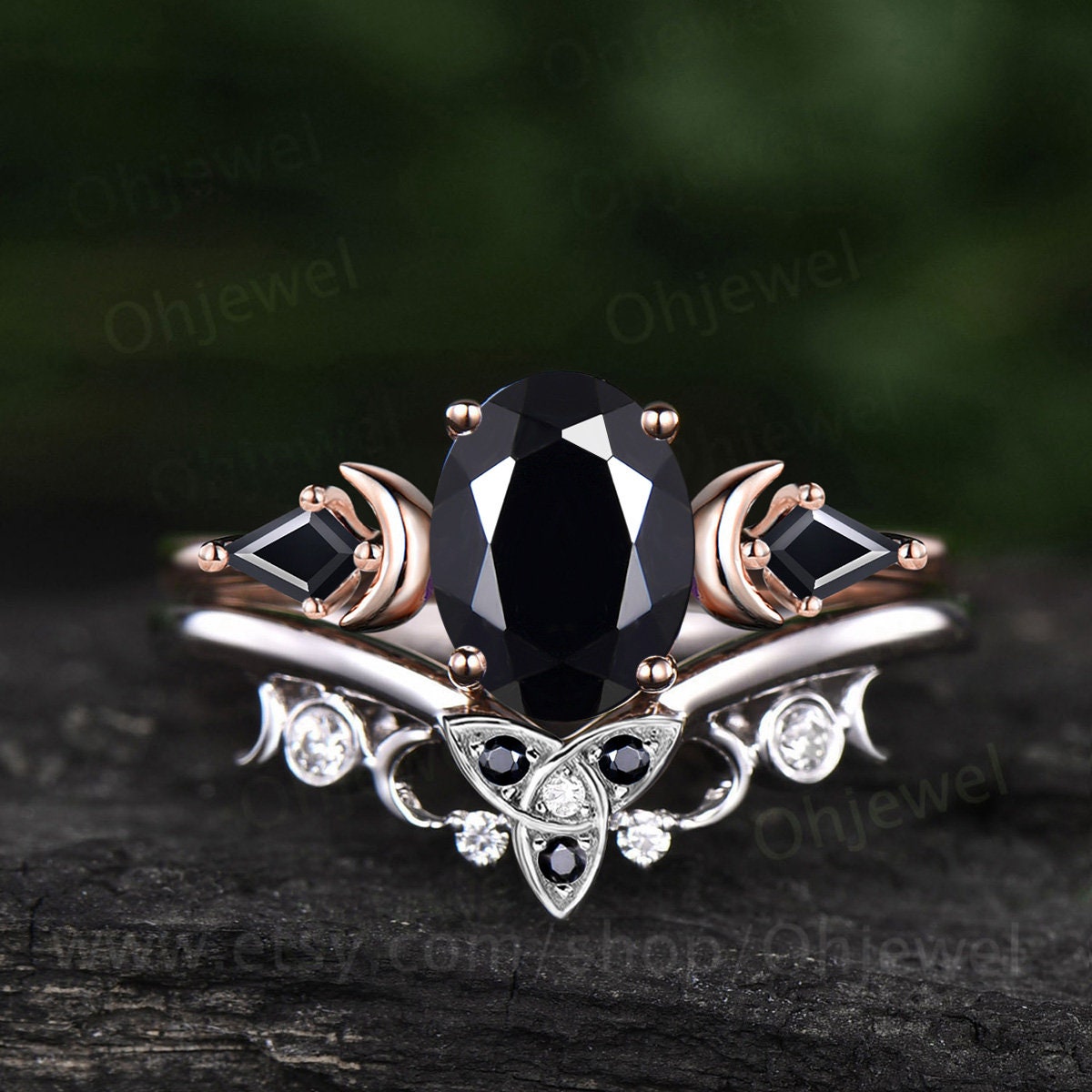 Vintage oval black Tourmaline engagement ring 14k rose gold kite black spinel ring moon moissanite wedding bridal ring set women gift
