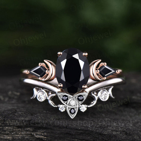 Vintage oval black Tourmaline engagement ring 14k rose gold kite black spinel ring moon moissanite wedding bridal ring set women gift
