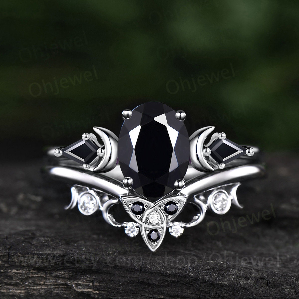 Vintage oval black Tourmaline engagement ring 14k rose gold kite black spinel ring moon moissanite wedding bridal ring set women gift