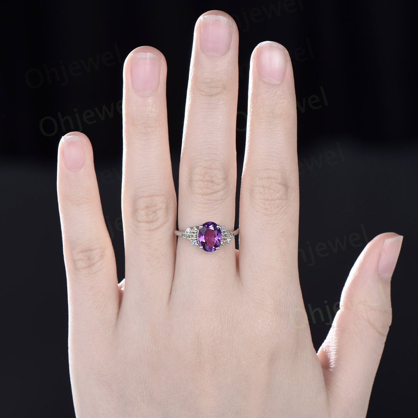 Oval cut purple amethyst ring vintage cluster snowdrift emerald peridot topaz ring white gold unique engagement ring women anniversary gift