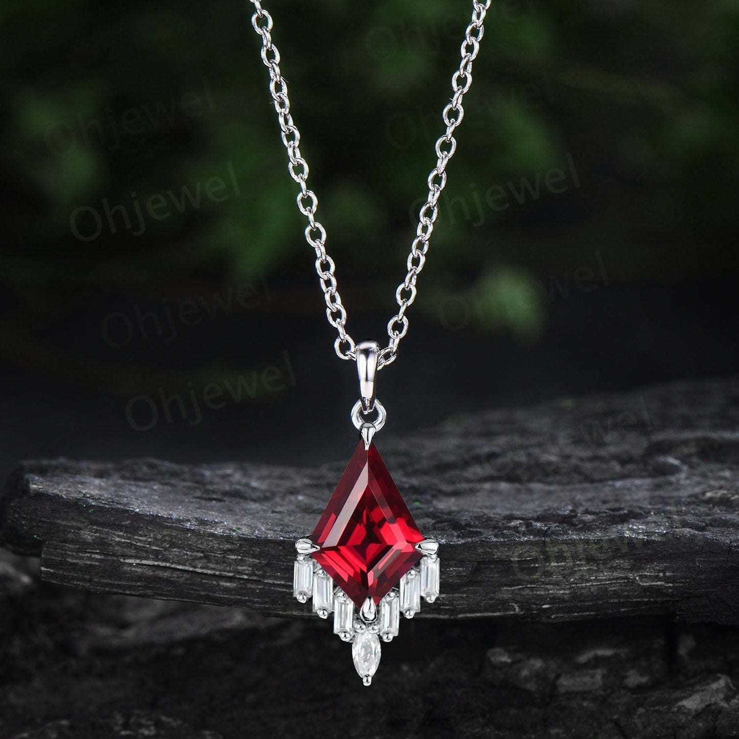 Kite cut red ruby necklace 14k rose gold cluster marquise baguette cut moissanite necklace pendant women art deco anniversary gift her