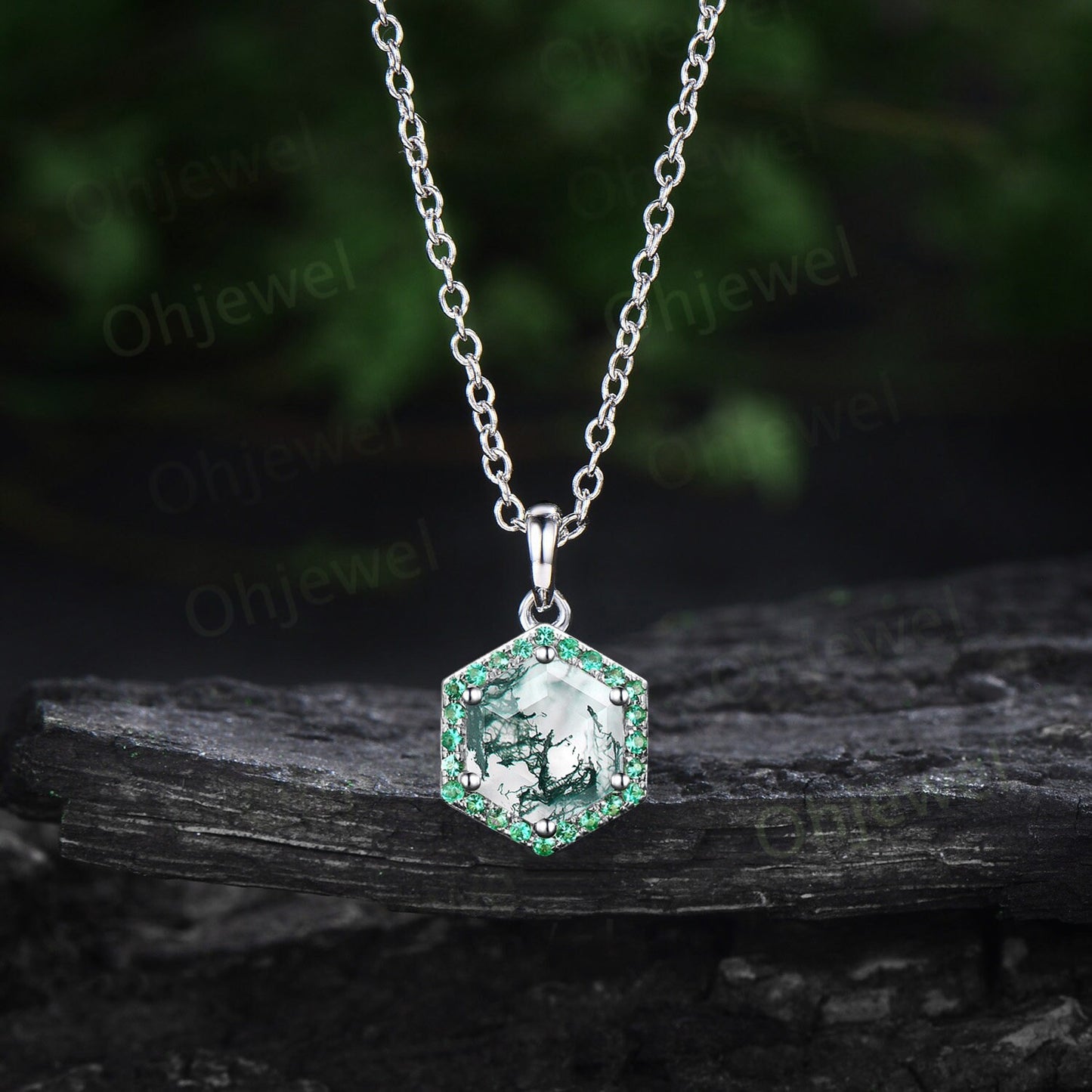 Vintage hexagon cut green moss agate necklace rose gold unique 6 prong halo emerald necklace Pendant women dainty anniversary gift her