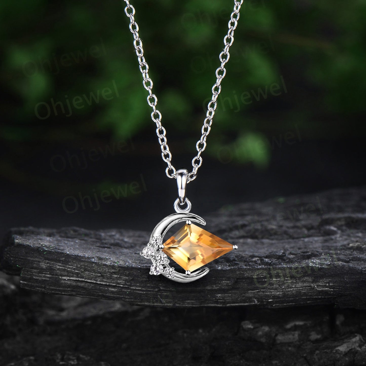Vintage kite cut yellow citrine necklace 14k rose gold Personalized moon cluster diamond unique Pendant women anniversary gift for her