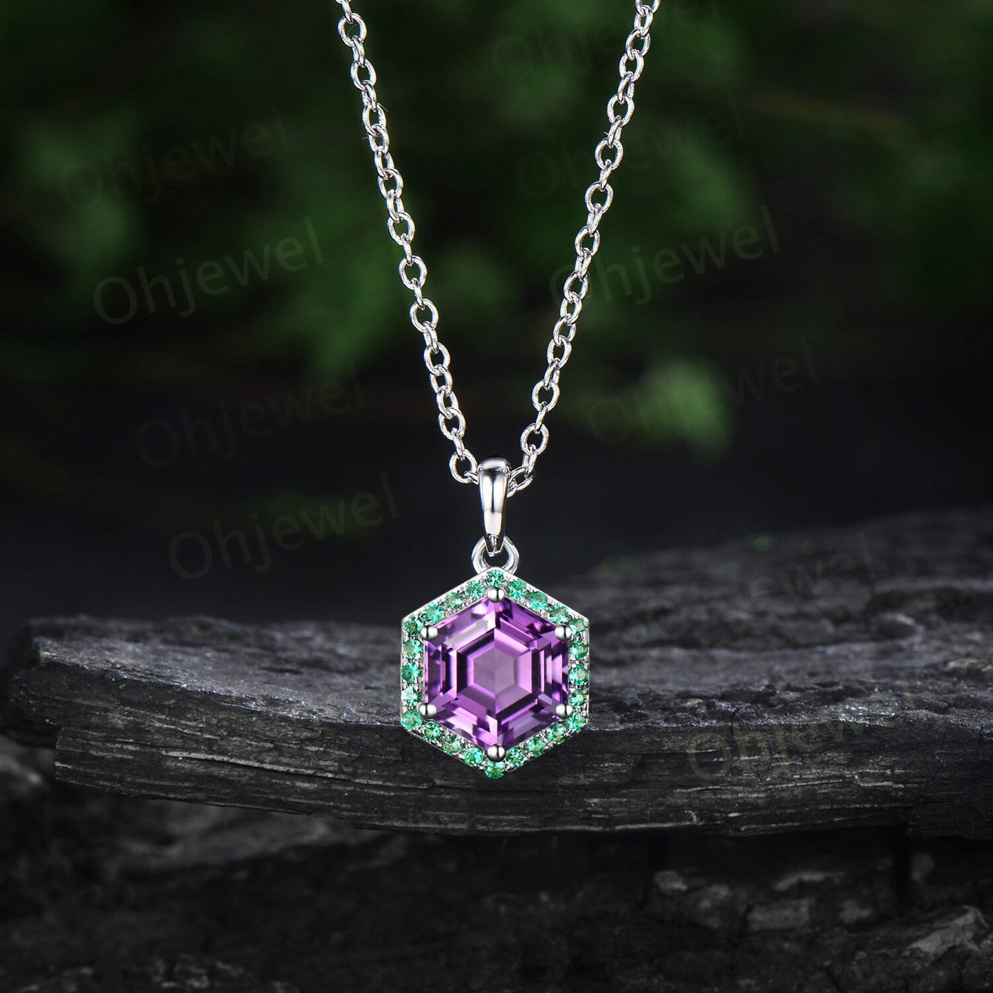Vintage hexagon purple amethyst necklace rose gold unique 6 prong halo emerald necklace Pendant women dainty promise anniversary gift her