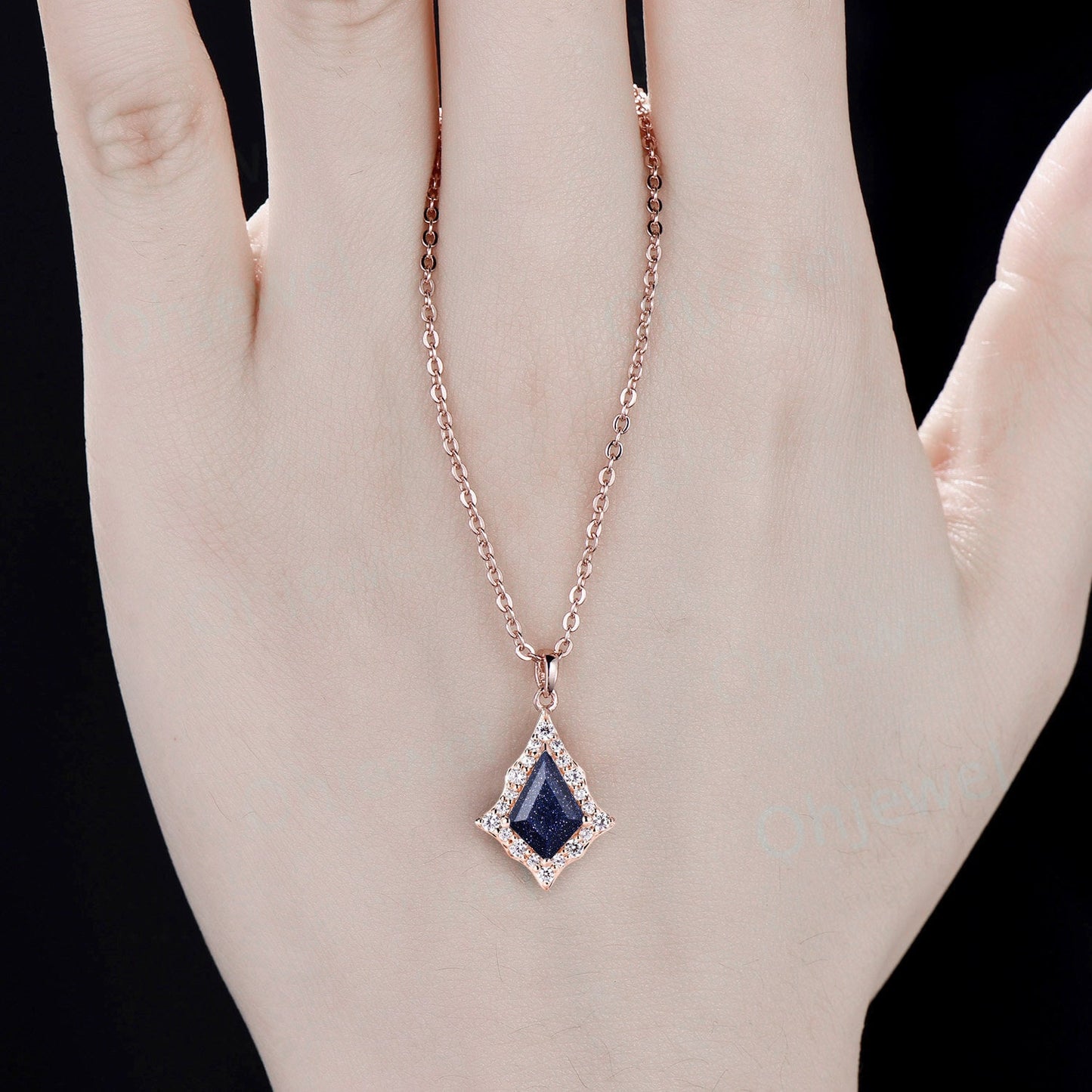 Vintage kite cut blue sanstone necklace rose gold antique unique snowdrift halo diamond necklace Pendant women opal jewelry anniversary gift
