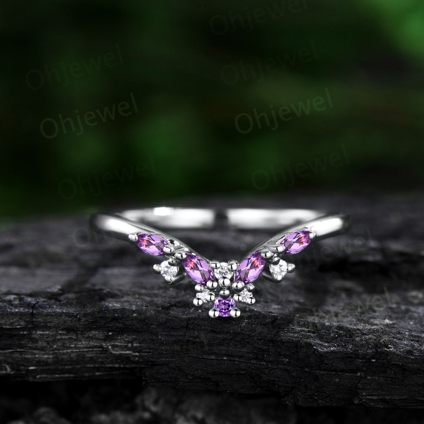 Cluster Alexandrite wedding band solid 14k rose gold moonstone moissanite wedding ring band marquise June birthstone ring Personalized gift