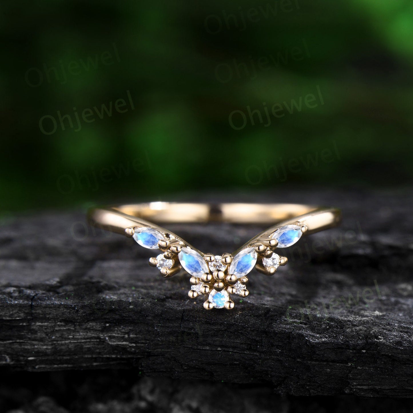 Cluster Alexandrite wedding band solid 14k rose gold moonstone moissanite wedding ring band marquise June birthstone ring Personalized gift