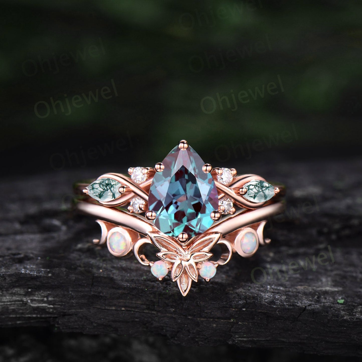 Vintage pear Alexandrite engagement ring set art deco solid 14k white gold moss agate opal ring women moon Celtic knot bridal ring set gift