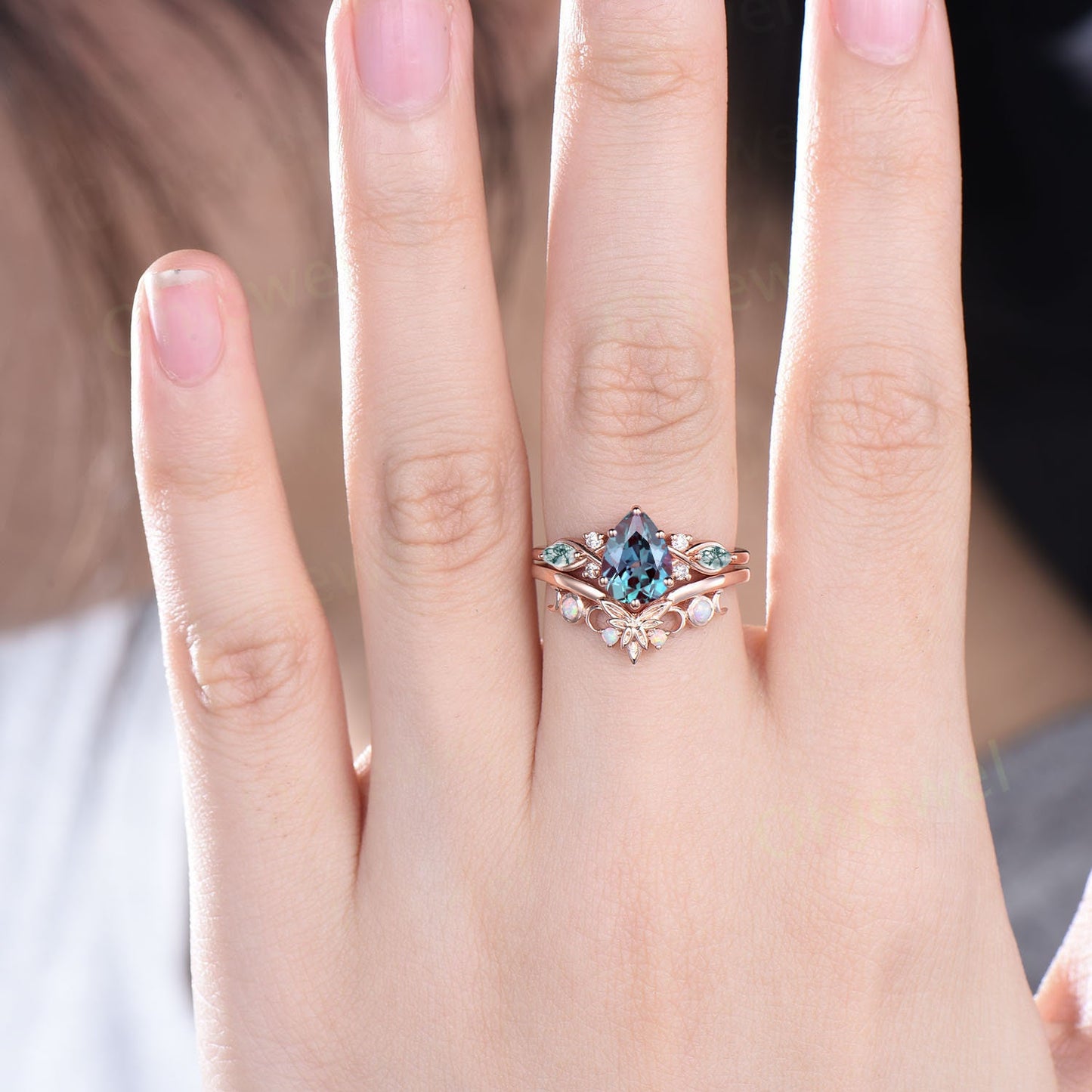 Vintage pear Alexandrite engagement ring set art deco solid 14k white gold moss agate opal ring women moon Celtic knot bridal ring set gift