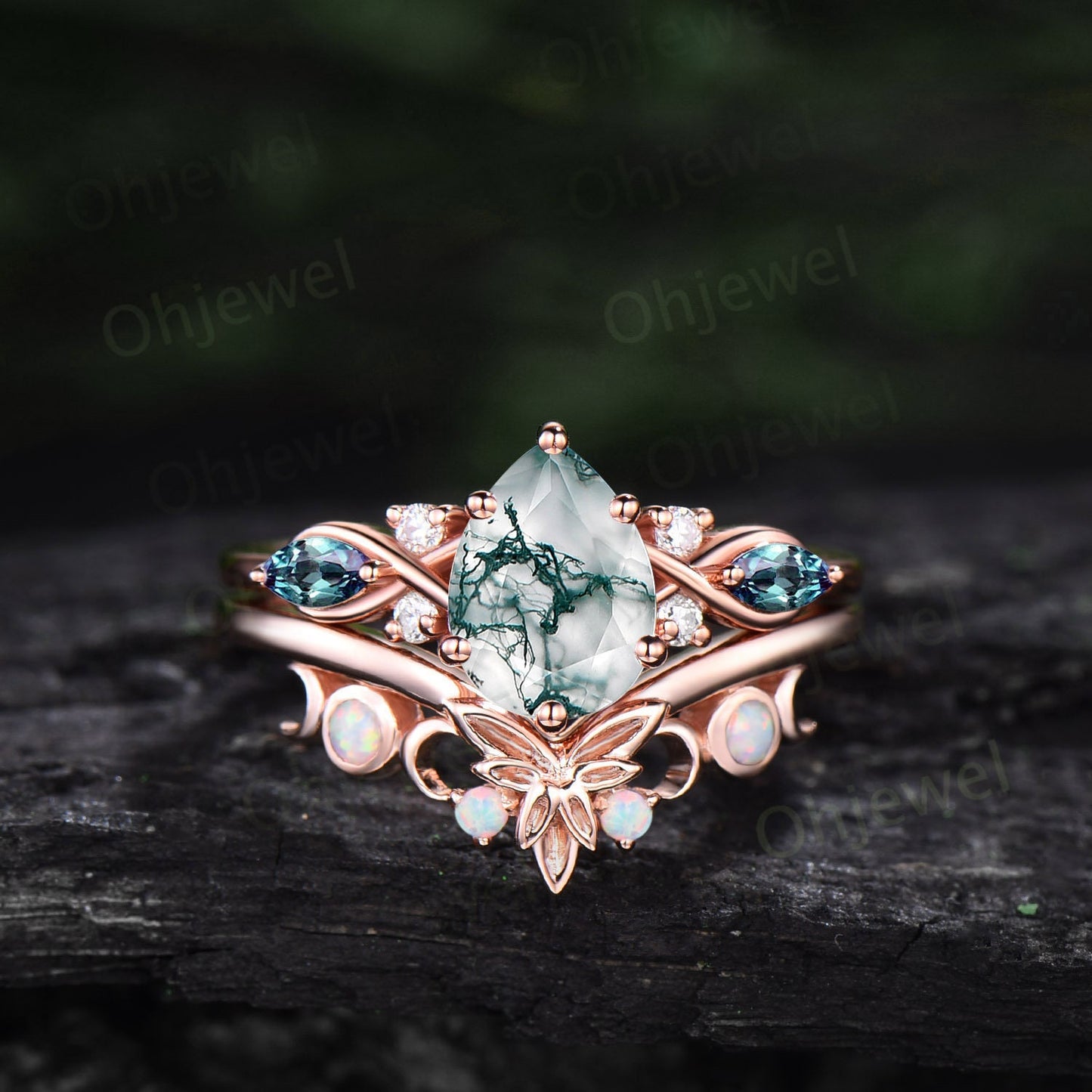 Vintage pear natural moss agate engagement ring white gold moon marquise alexandrite opal ring custom Personalized wedding ring set women
