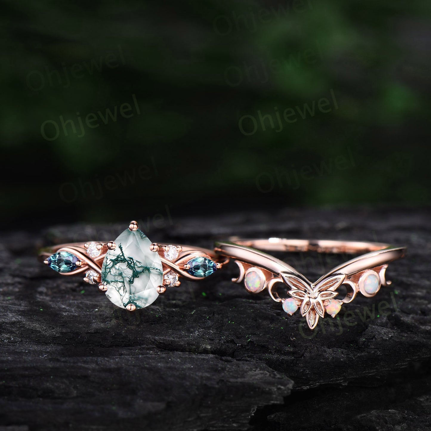 Vintage pear natural moss agate engagement ring white gold moon marquise alexandrite opal ring custom Personalized wedding ring set women