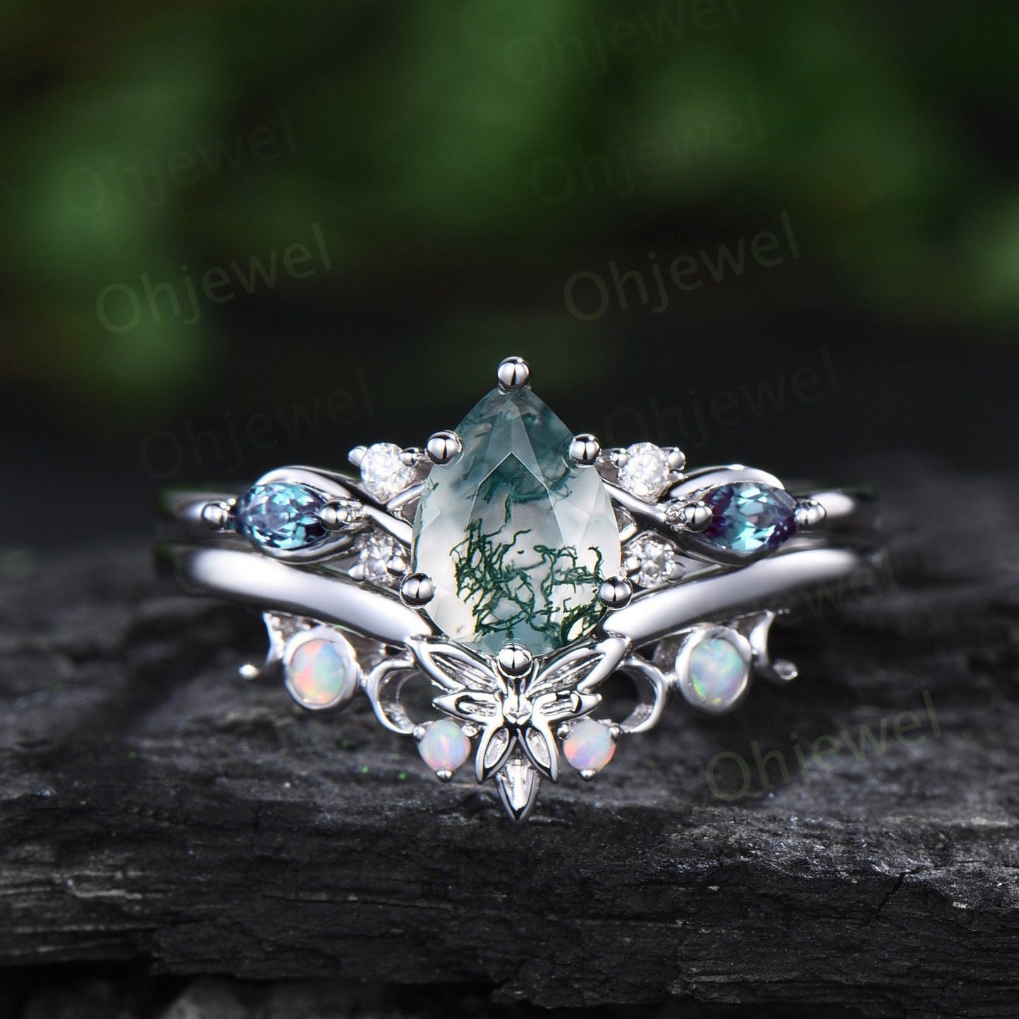 Vintage pear natural moss agate engagement ring white gold moon marquise alexandrite opal ring custom Personalized wedding ring set women