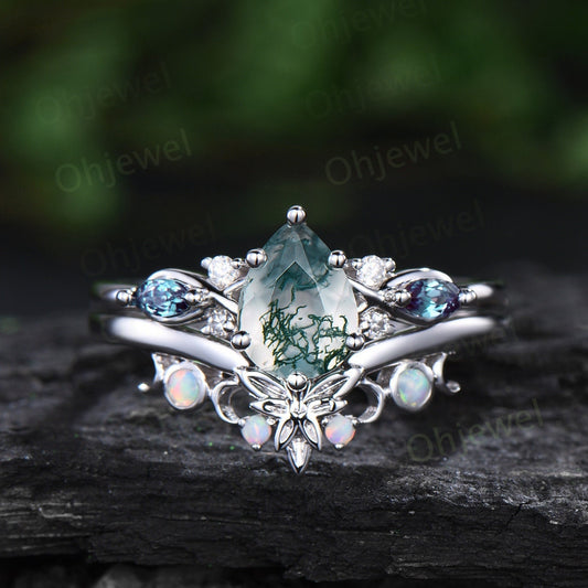 Vintage pear natural moss agate engagement ring white gold moon marquise alexandrite opal ring custom Personalized wedding ring set women