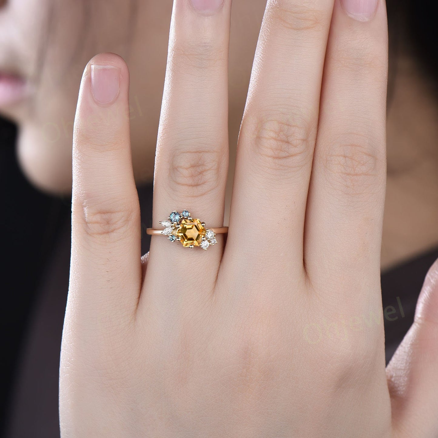Hexagon cut yellow citrine ring vintage peridot ring rose gold 6 prong cluster unique engagement ring women Personalized wedding ring gift