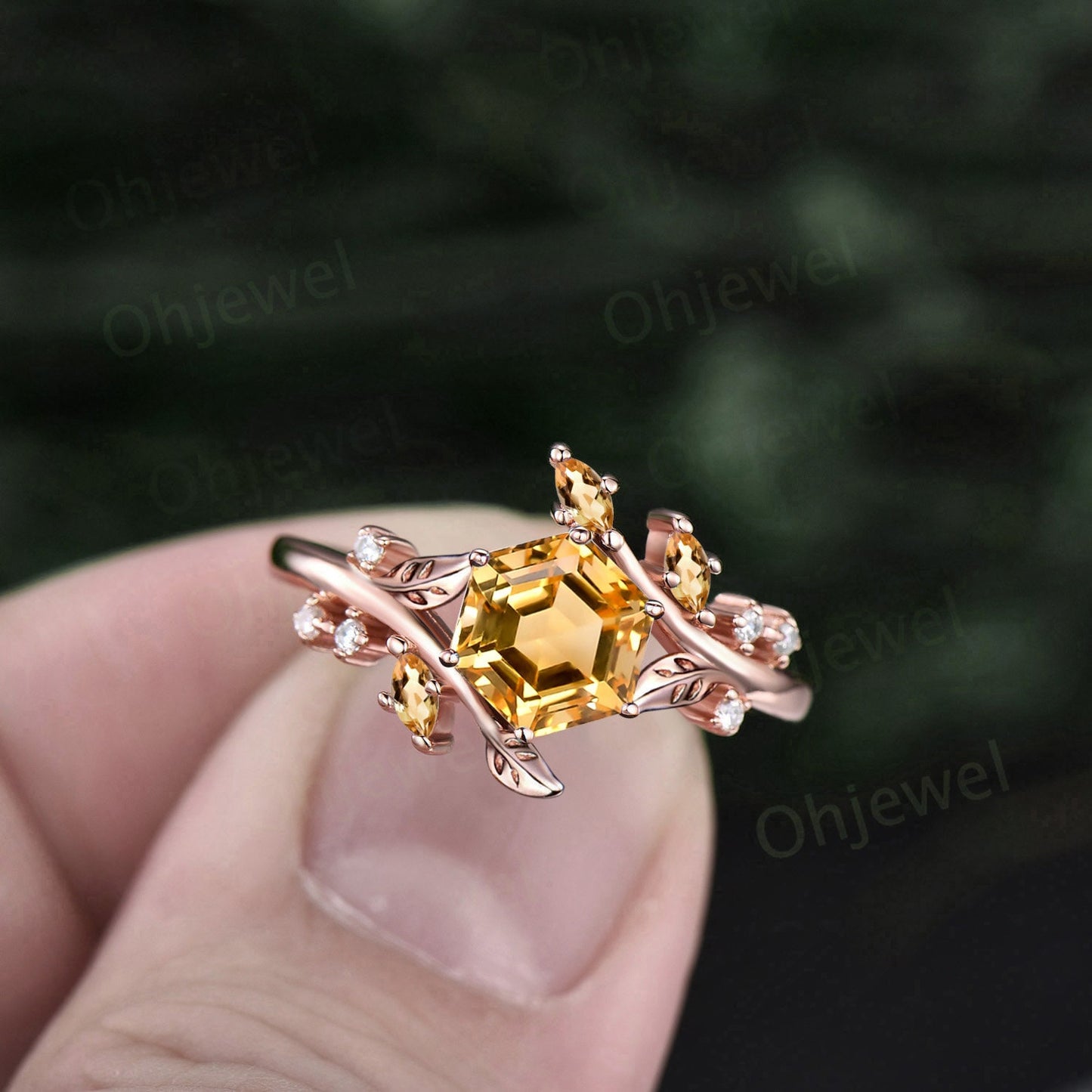 Vintage Hexagon citrine engagement ring leaf nature inspired marquise peridot ring women art deco twisted moissanite anniversary ring gift