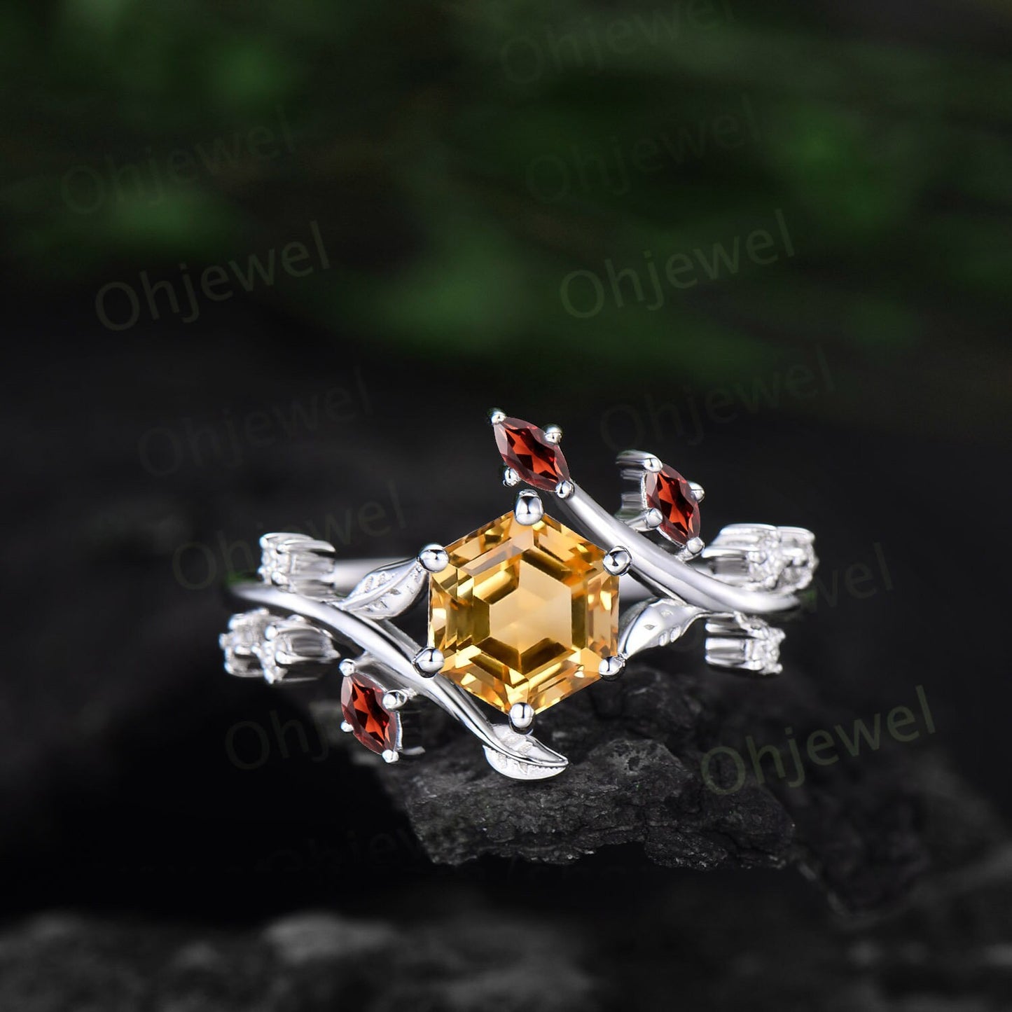 Vintage Hexagon citrine engagement ring leaf nature inspired marquise peridot ring women art deco twisted moissanite anniversary ring gift