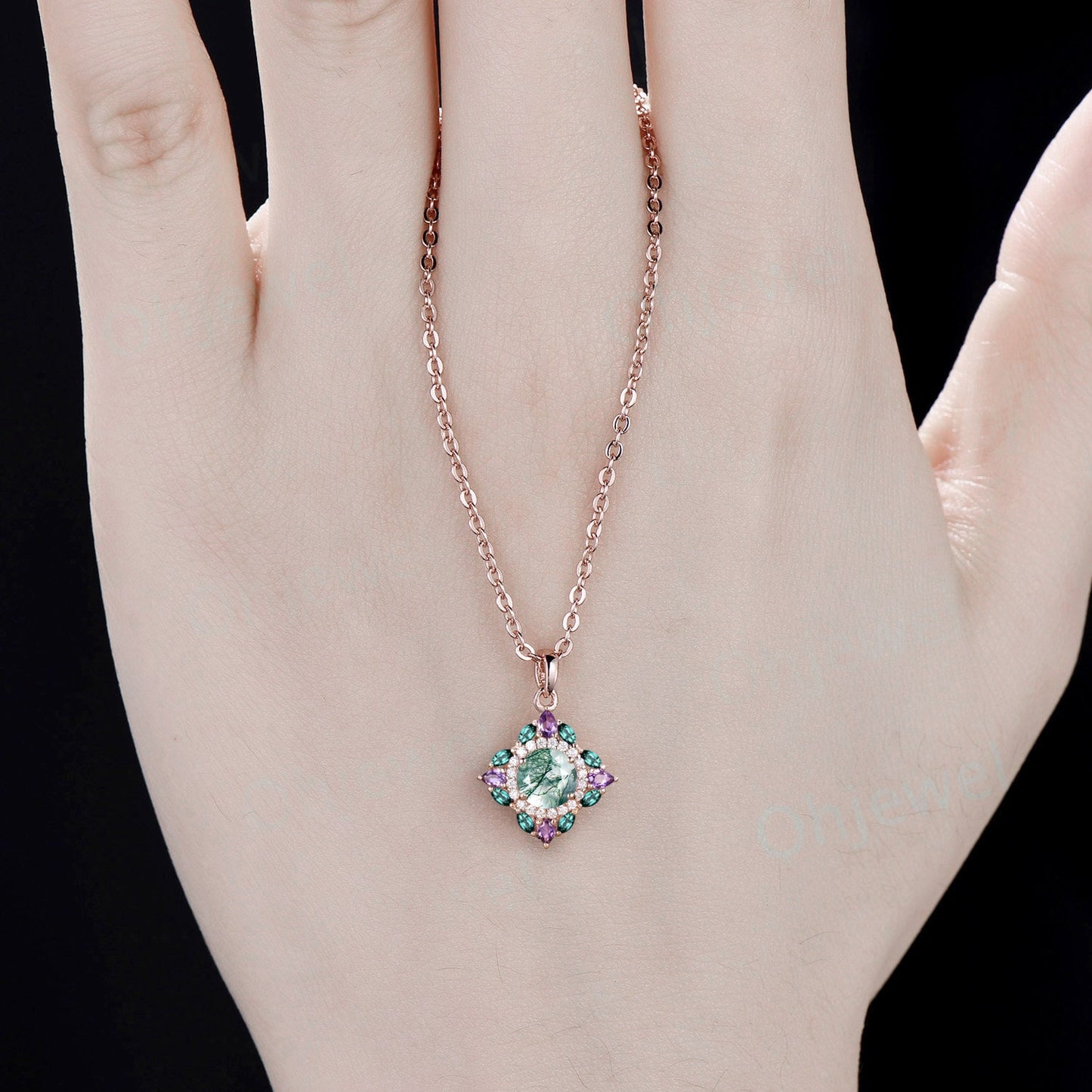 Round cut green moss agate necklace vintage double halo moissanite amethyst emerald necklace Pendant women 14k rose gold anniversary gift