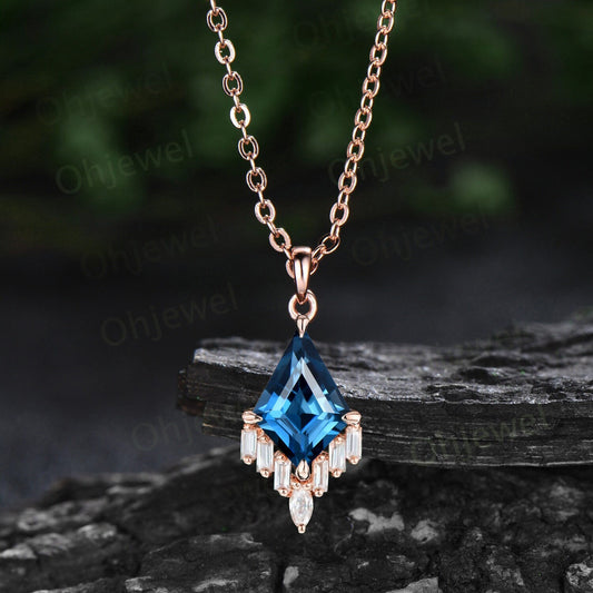 Kite cut London blue topaz necklace 14k rose gold cluster marquise baguette cut moissanite necklace pendant women art deco anniversary gift