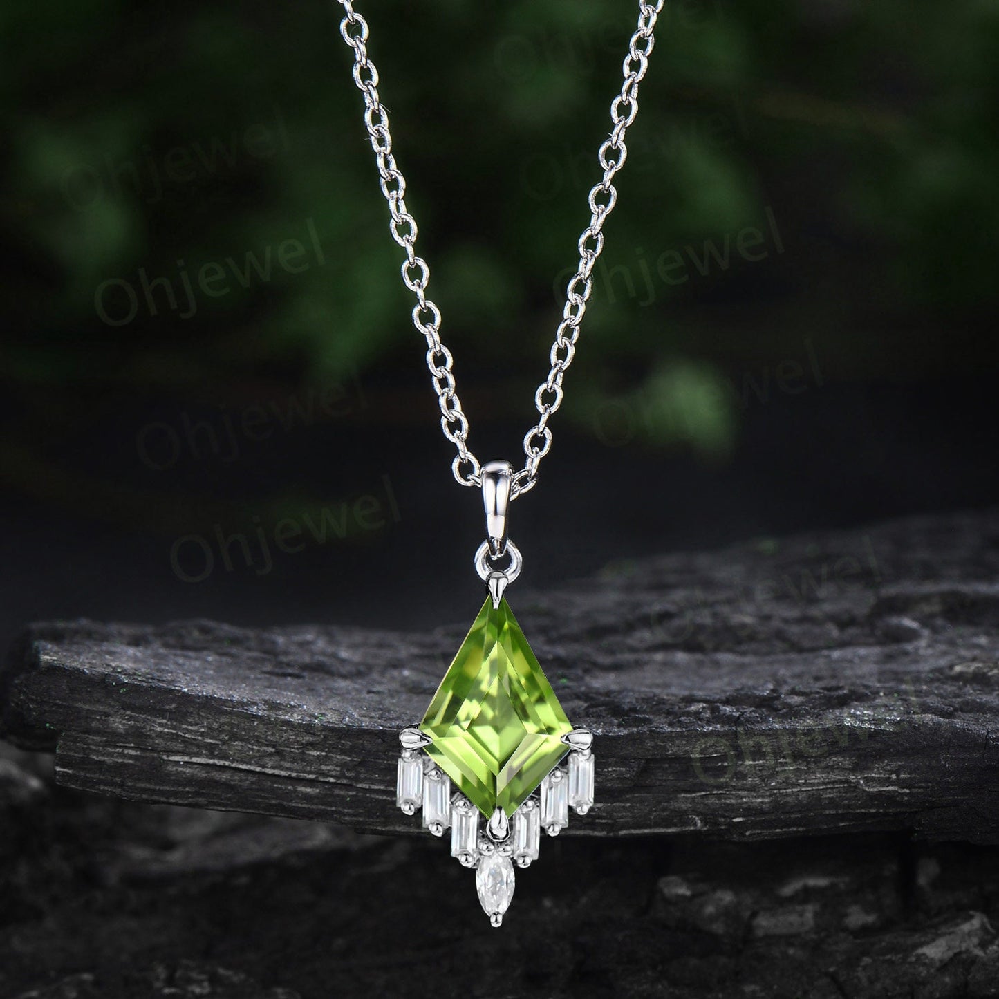 Kite cut natural peridot necklace rose gold cluster marquise baguette cut moissanite necklace pendant women art deco anniversary gift her