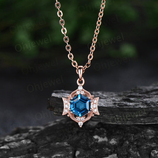 Vintage hexagon London blue topaz necklace 14k rose gold cluster halo moon diamond necklace Pendant women gemstone antique jewelry gift