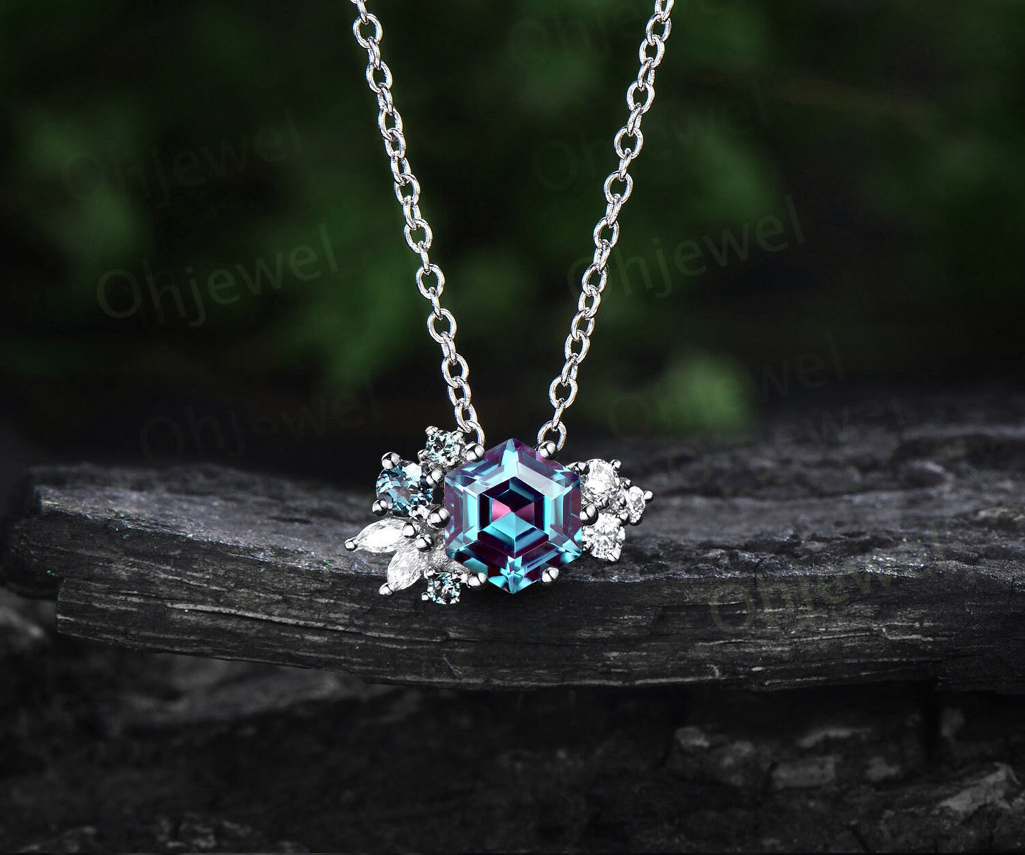 Hexagon cut Alexandrite necklace gold silver women vintage unique art deco cluster diamond necklace Pendant bridal promise anniversary gift