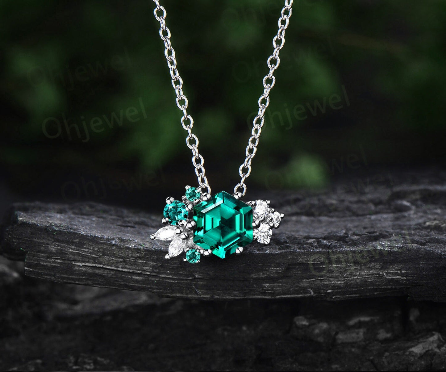Vintage Hexagon cut green emerald necklace 14k rose gold cluster marquise diamond Pendant women 6 prong May birthstone gemstone gift her