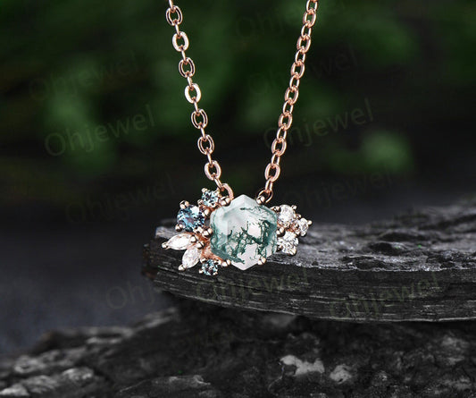 Hexagon cut green moss agate necklace rose gold women vintage unique art deco cluster alexandrite diamond necklace Pendant anniversary gift