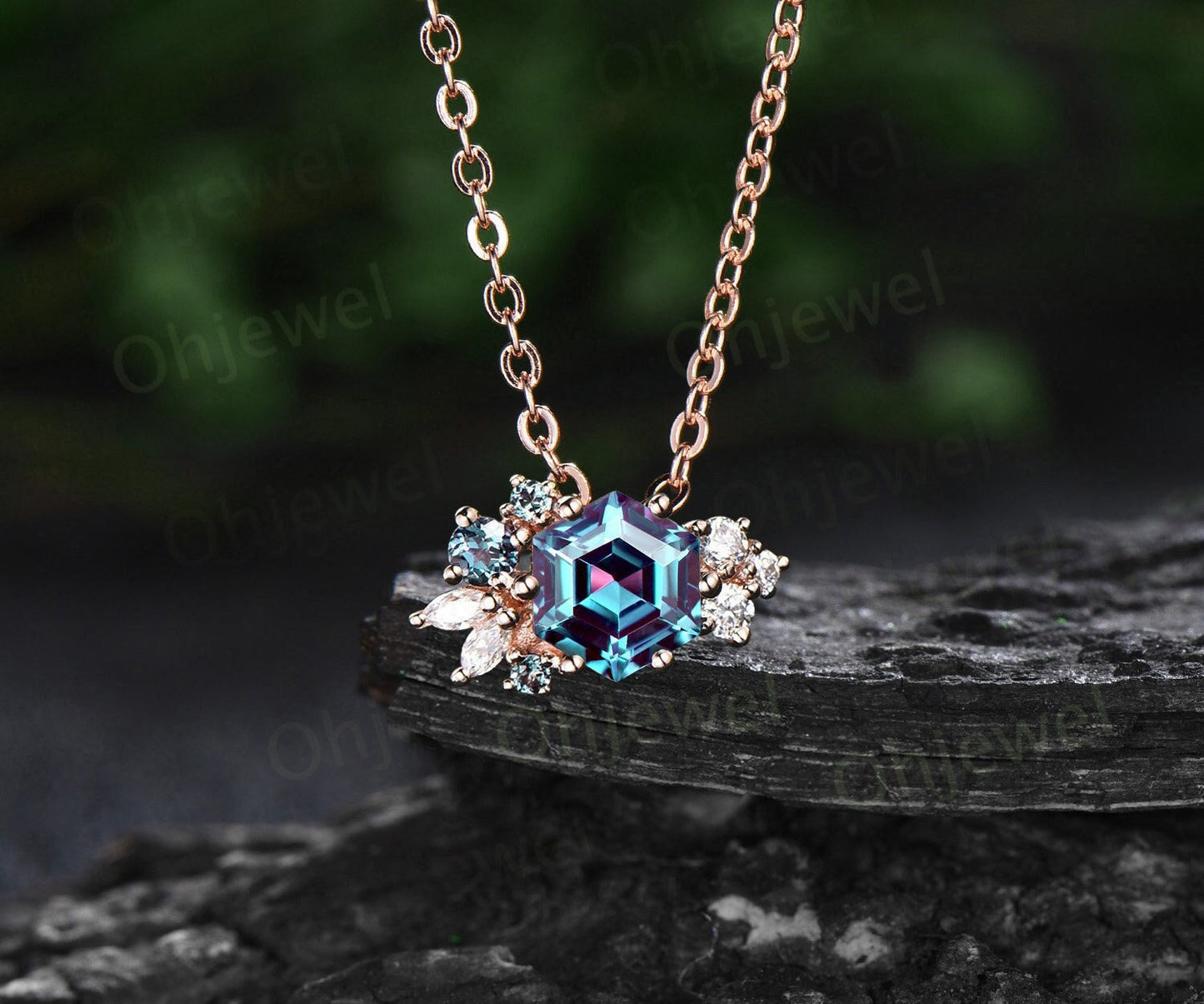 Hexagon cut Alexandrite necklace gold silver women vintage unique art deco cluster diamond necklace Pendant bridal promise anniversary gift