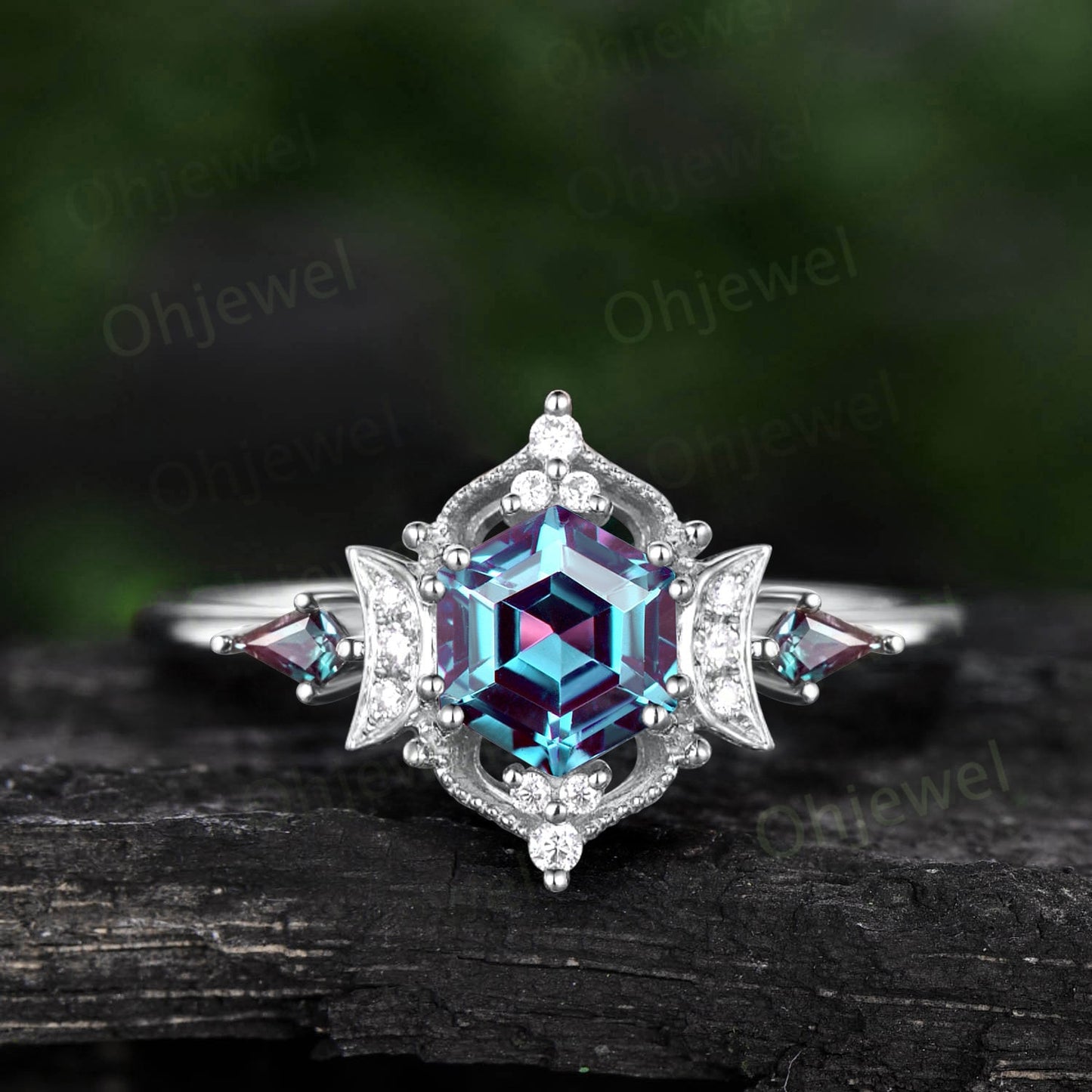 Vintage Hexagon cut Alexandrite engagement ring Milgrain cluster halo diamond ring women rose gold kite moon bridal wedding promise ring