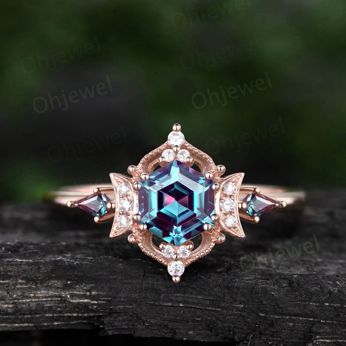 Vintage Hexagon cut Alexandrite engagement ring Milgrain cluster halo diamond ring women rose gold kite moon bridal wedding promise ring