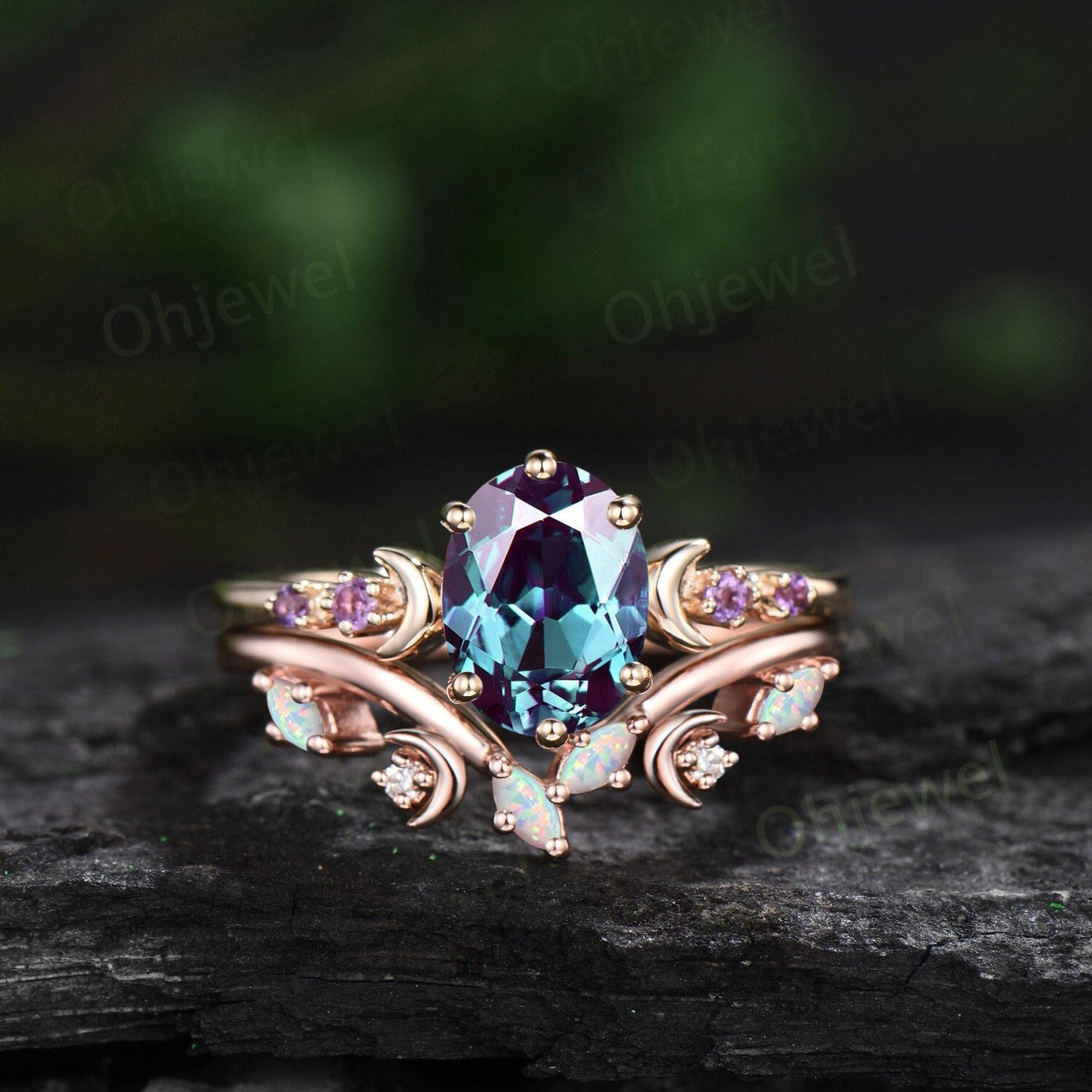 Oval Alexandrite amethyst engagement ring yellow gold Moon wedding ring set women art deco opal moissanite gemstone bridal ring set silver