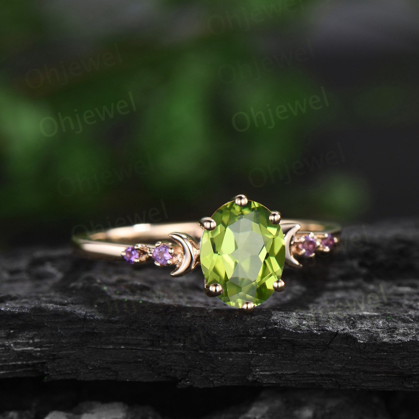 Moon five stone amethsyt ring vintage oval peridot engagement ring rose gold art deco opal wedding ring set women birthstone ring gift