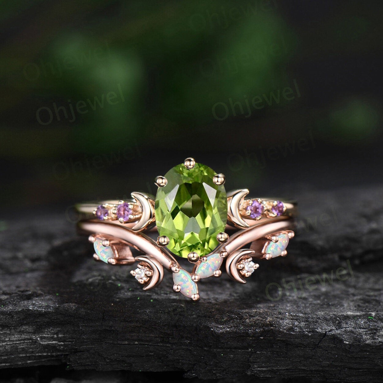 Moon five stone amethsyt ring vintage oval peridot engagement ring rose gold art deco opal wedding ring set women birthstone ring gift