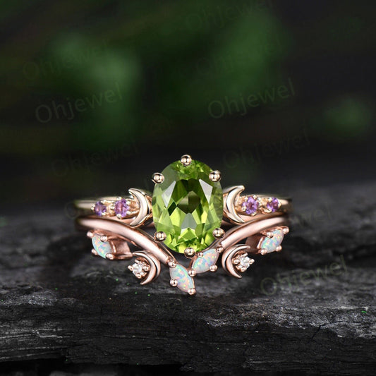 Moon five stone amethsyt ring vintage oval peridot engagement ring rose gold art deco opal wedding ring set women birthstone ring gift