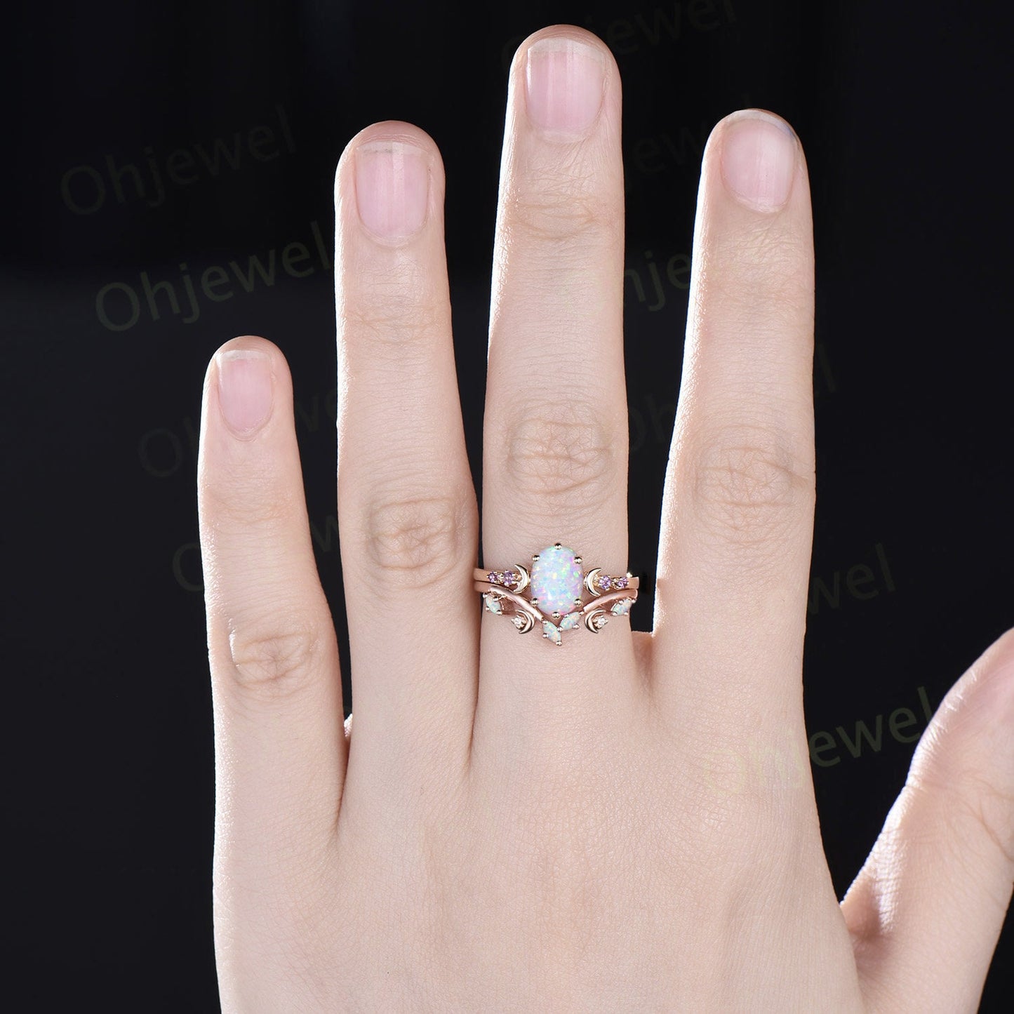 Moon five stone amethsyt ring vintage oval white opal engagement ring rose gold art deco promise wedding ring set women birthstone ring gift