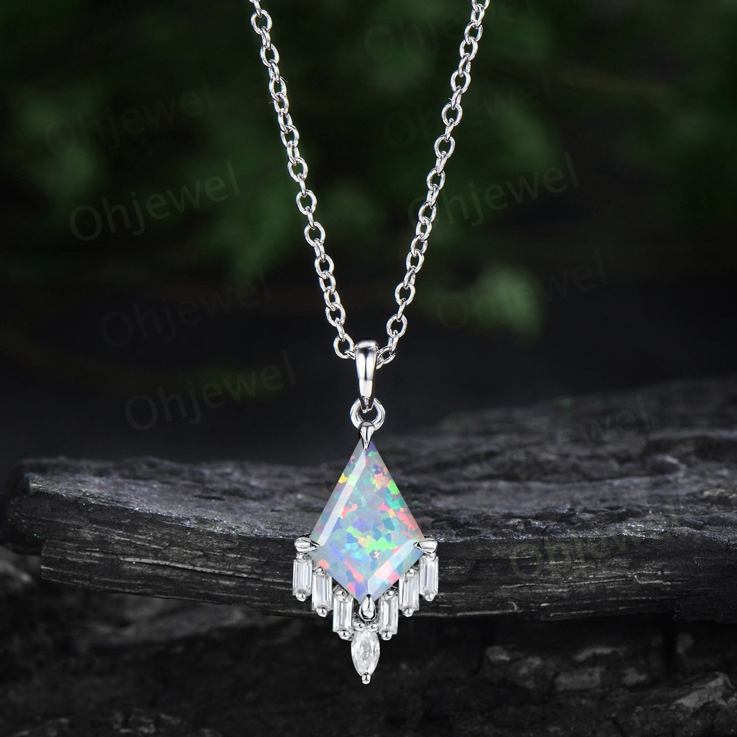 Kite cut white opal necklace 14k rose gold cluster marquise baguette cut moissanite necklace pendant women art deco anniversary gift her