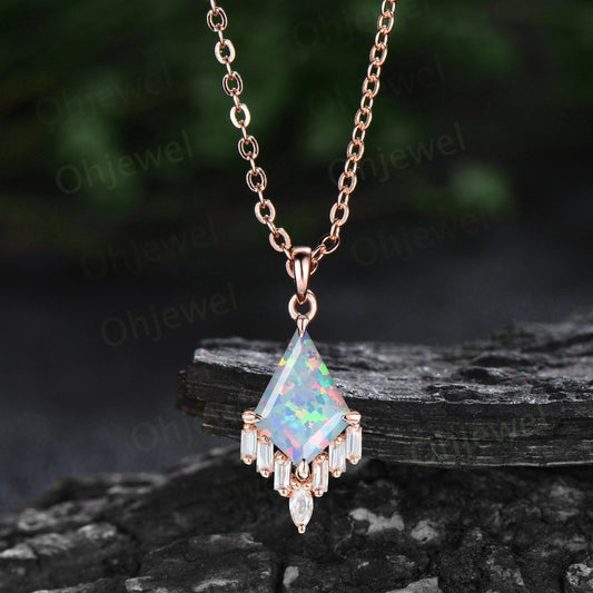 Kite cut white opal necklace 14k rose gold cluster marquise baguette cut moissanite necklace pendant women art deco anniversary gift her