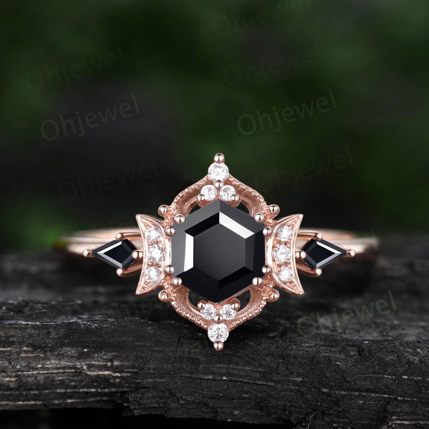 Moon hexagon black Tourmaline engagement ring Milgrain halo diamond ring women rose gold kite spinel unique bridal wedding promise ring her