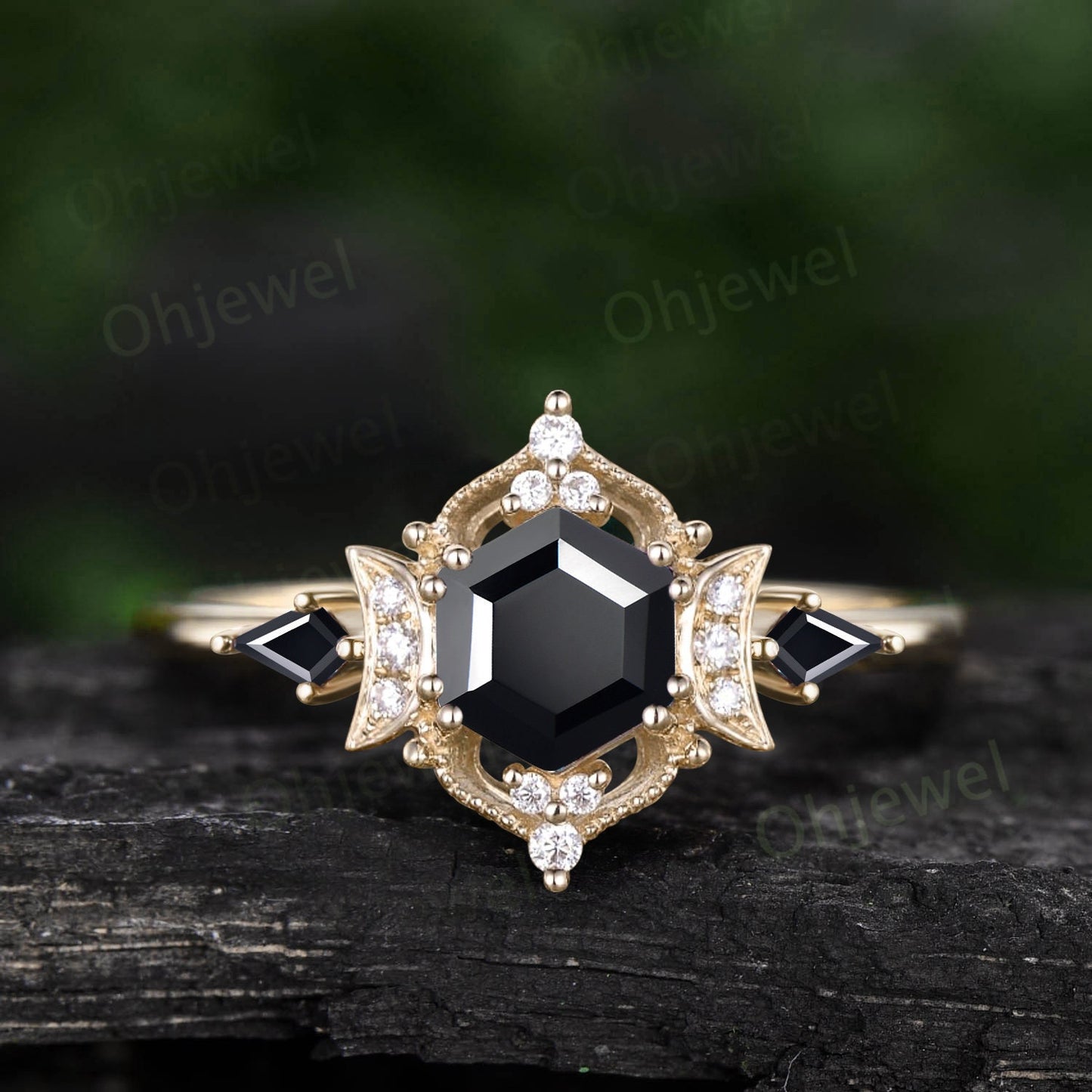 Moon hexagon black Tourmaline engagement ring Milgrain halo diamond ring women rose gold kite spinel unique bridal wedding promise ring her