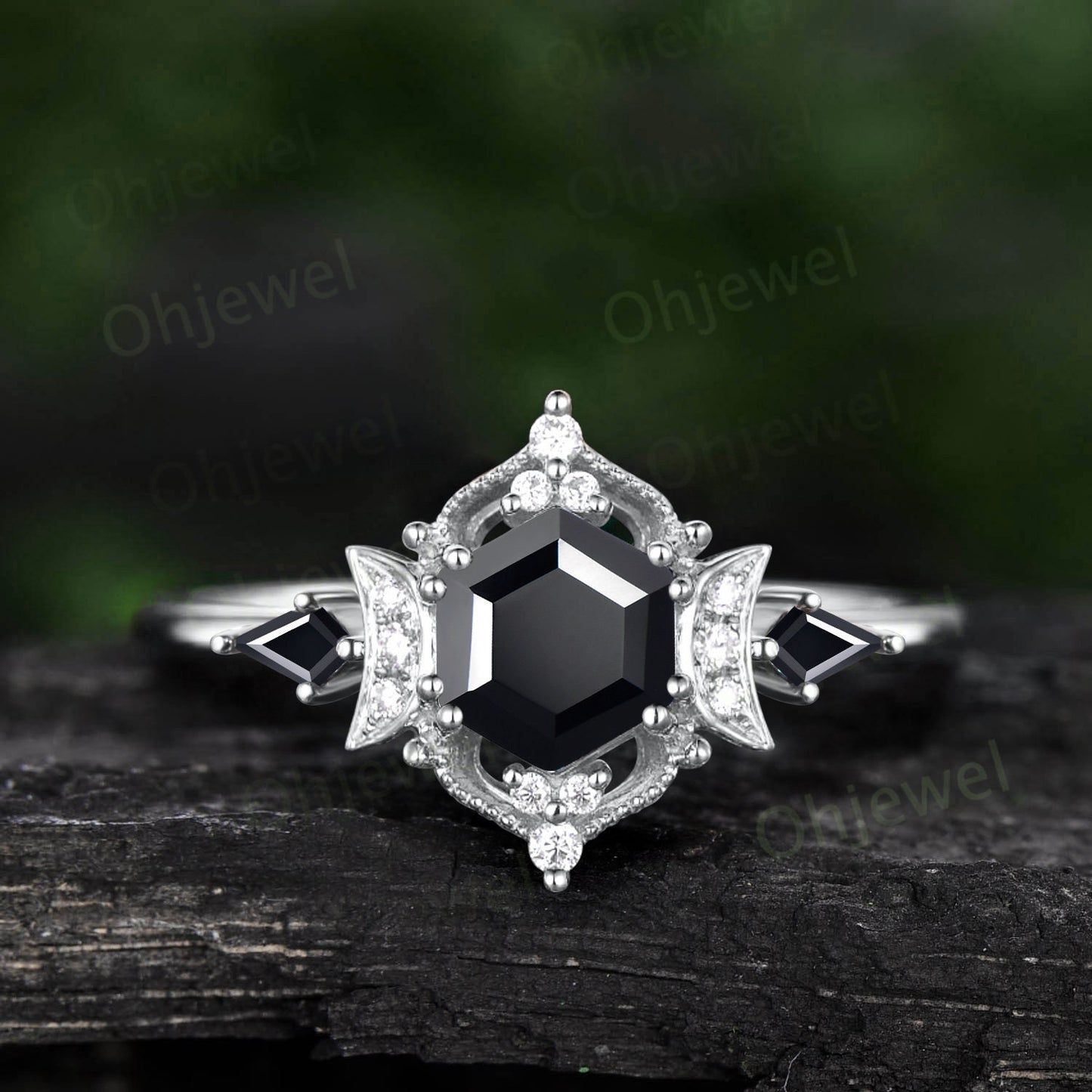 Moon hexagon black Tourmaline engagement ring Milgrain halo diamond ring women rose gold kite spinel unique bridal wedding promise ring her