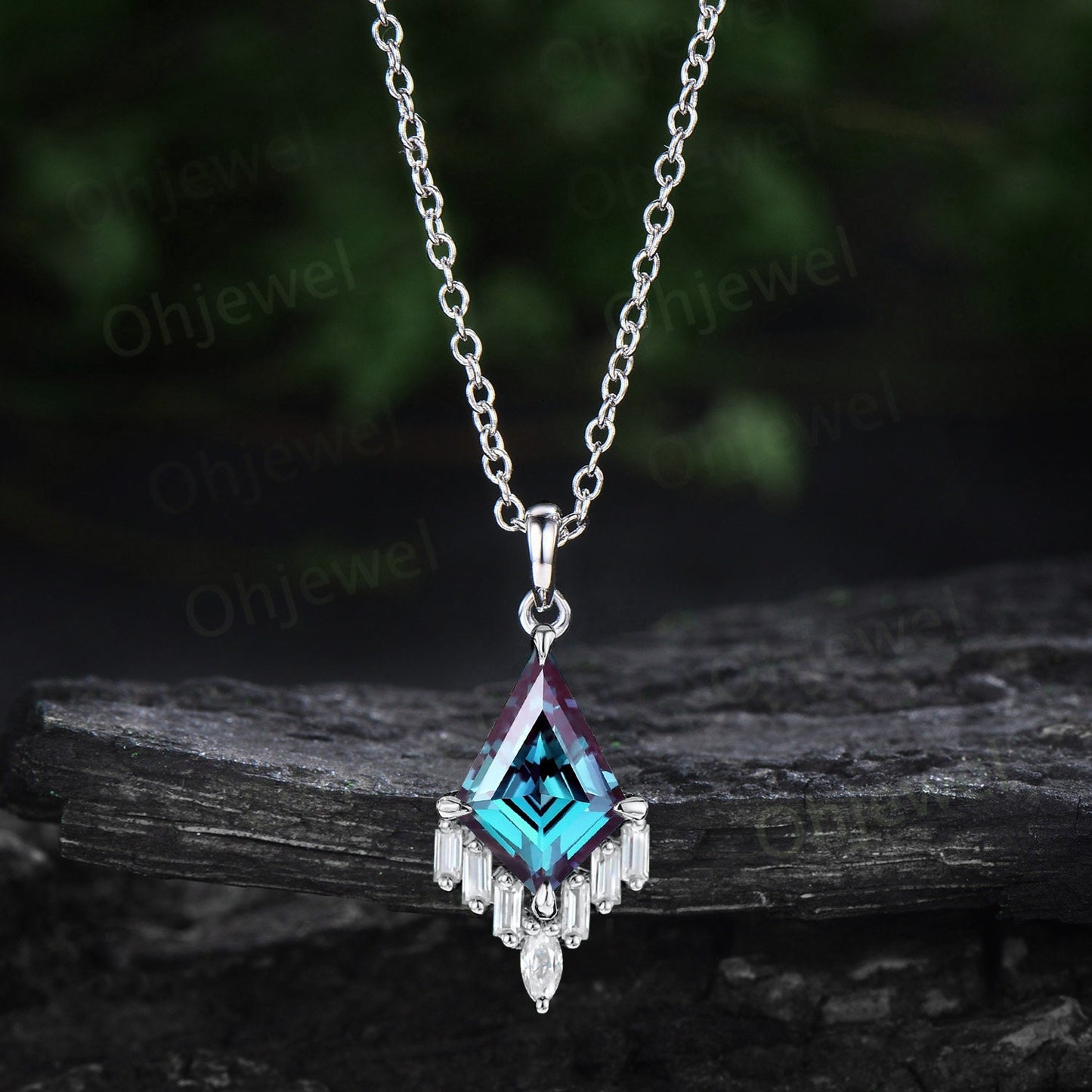 Kite cut alexandrite necklace vintage June birthstone cluster marquise baguette moissanite necklace pendant solid 14k rose gold jewelry gift