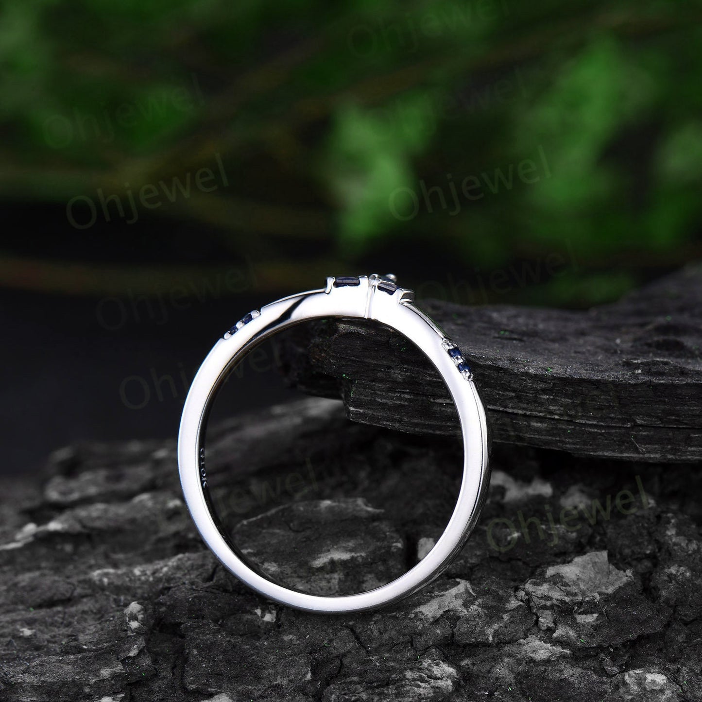 Princess cut sapphire wedding band art deco curved wedding ring band women vintage 14k white gold 7 stone bridal anniversary ring gift