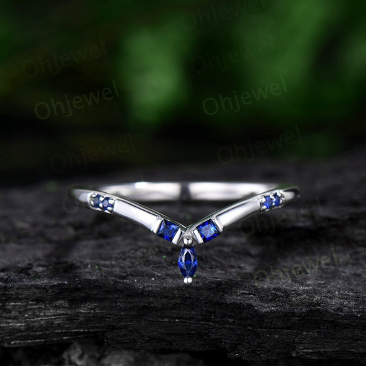 Princess cut sapphire wedding band art deco curved wedding ring band women vintage 14k white gold 7 stone bridal anniversary ring gift