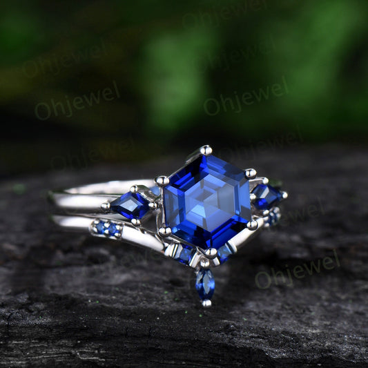 Hexagon sapphire engagement ring set white gold three stone princess kite sapphire ring blue gemstone unique promise ring set women gift
