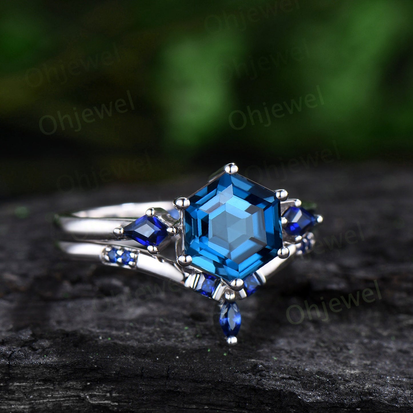 Hexagon London blue topaz engagement ring set white gold three stone princess kite sapphire ring unique wedding promise ring set women gift
