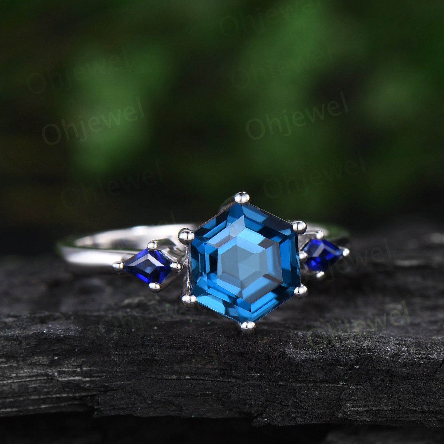 Hexagon London blue topaz engagement ring set white gold three stone princess kite sapphire ring unique wedding promise ring set women gift