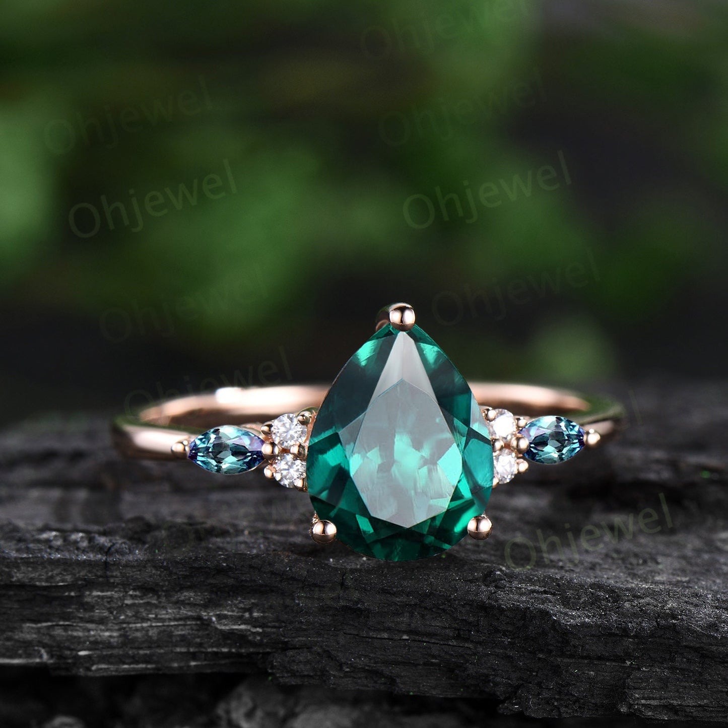 8x10mm pear emerald engagement ring marquise alexandrite ring rose gold art deco diamond bridal ring set women green gemstone ring jewelry