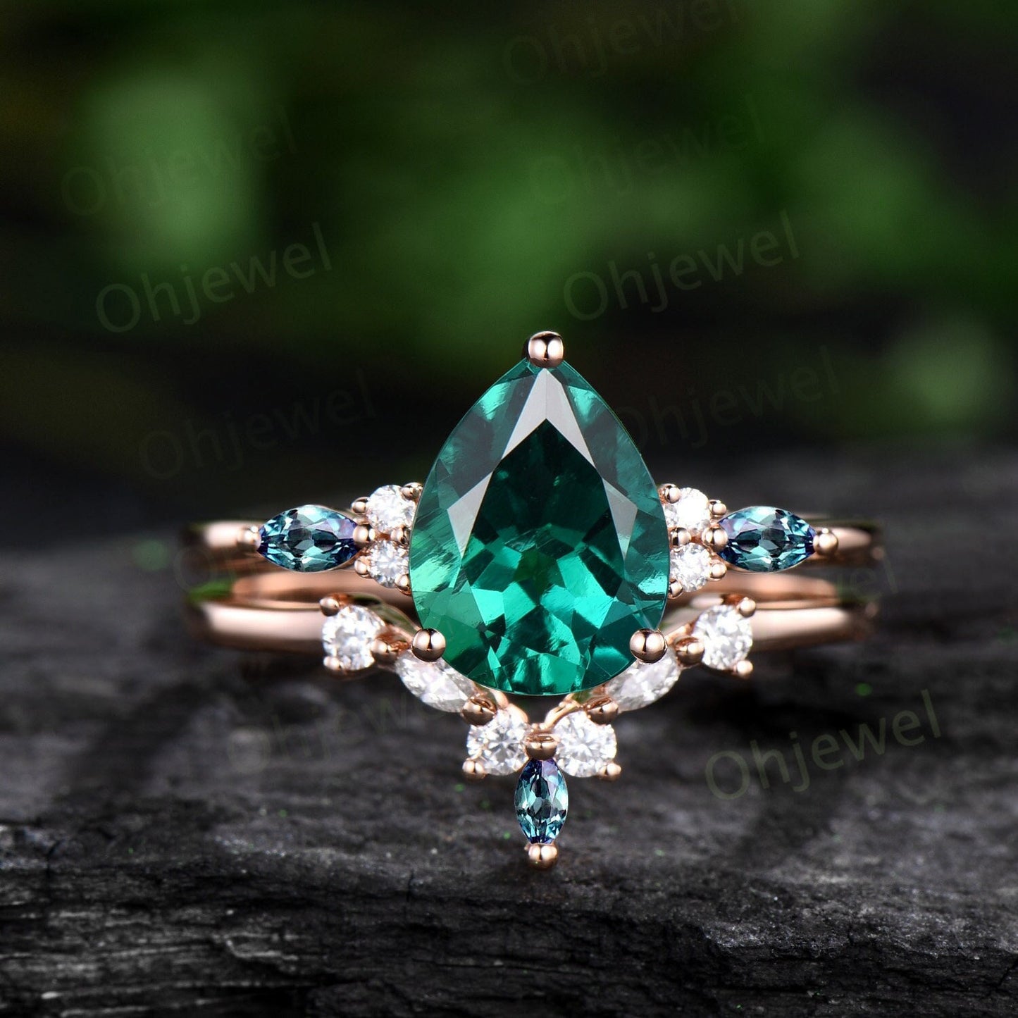 8x10mm pear emerald engagement ring marquise alexandrite ring rose gold art deco diamond bridal ring set women green gemstone ring jewelry